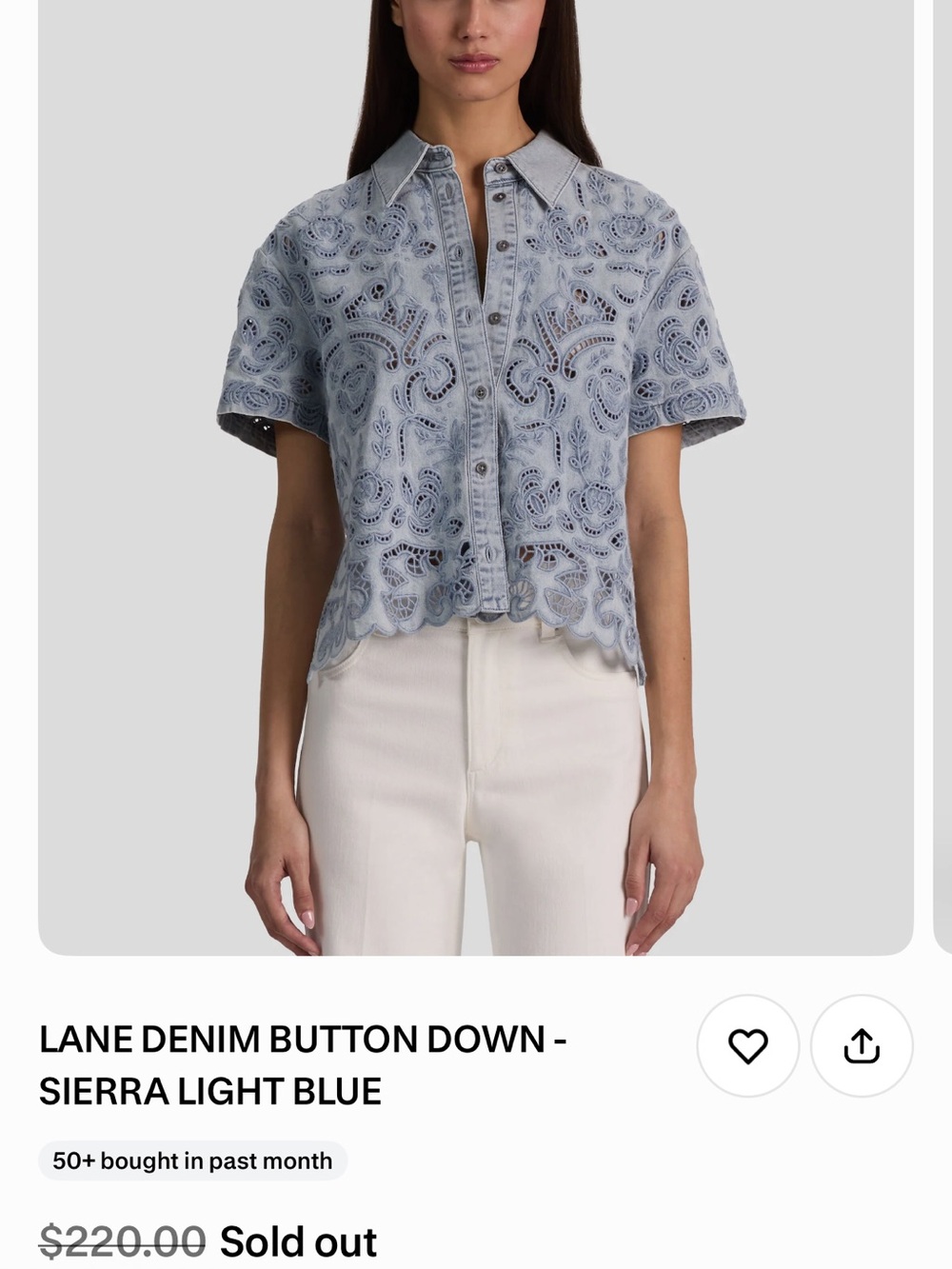 Alice + Olivia Light Blue Eyelet Denim Button-Down Top - Picture 1 of 3